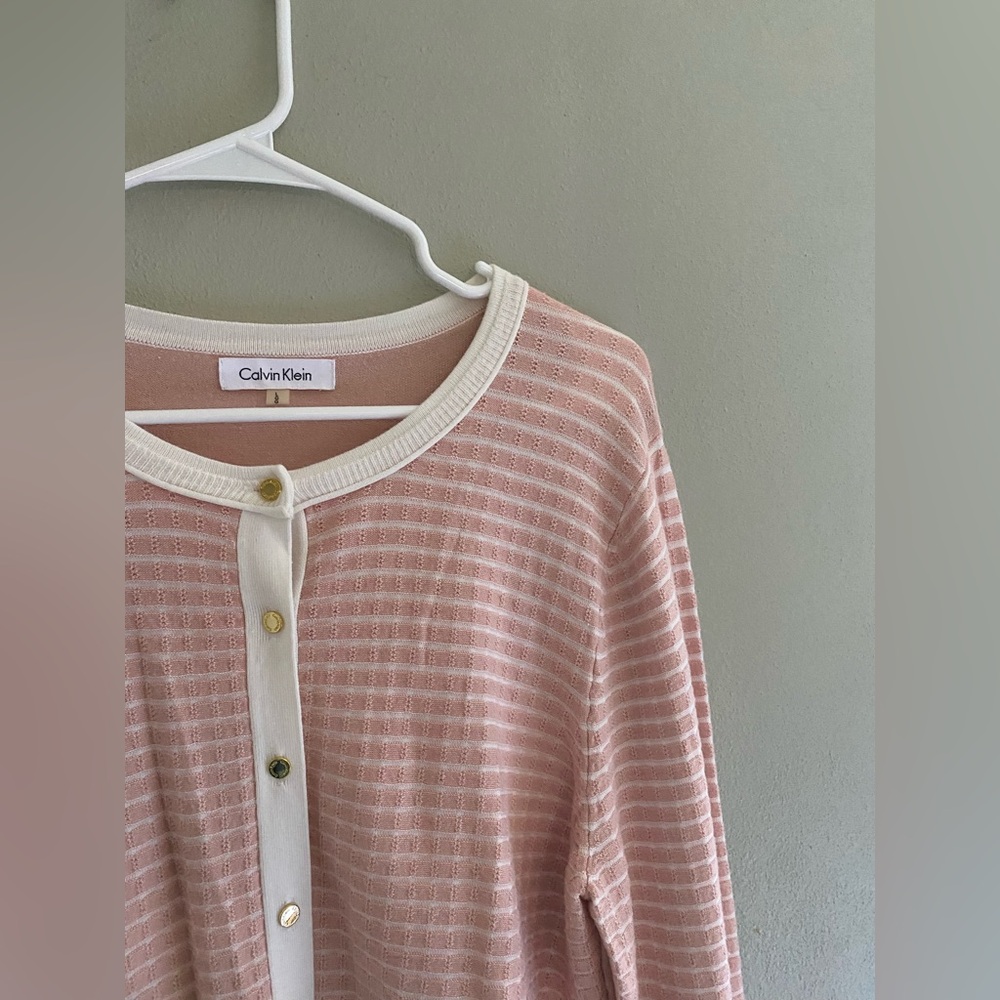 Calvin Klein Blush Pink and White Cardigan with Gold Buttons